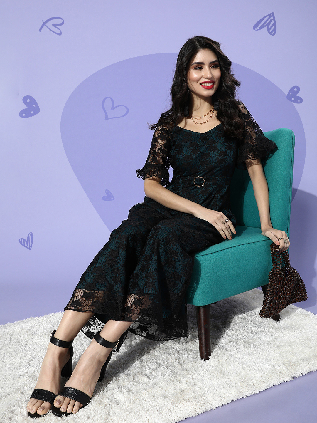 Miss Chase Women Deep Navy Blue Solid Lacework and Sheer Jumpsuit