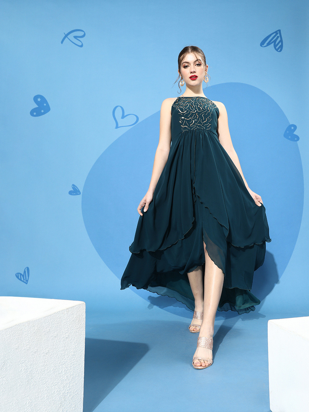 Miss Chase Women Tranquil Teal Solid Tiered Dress