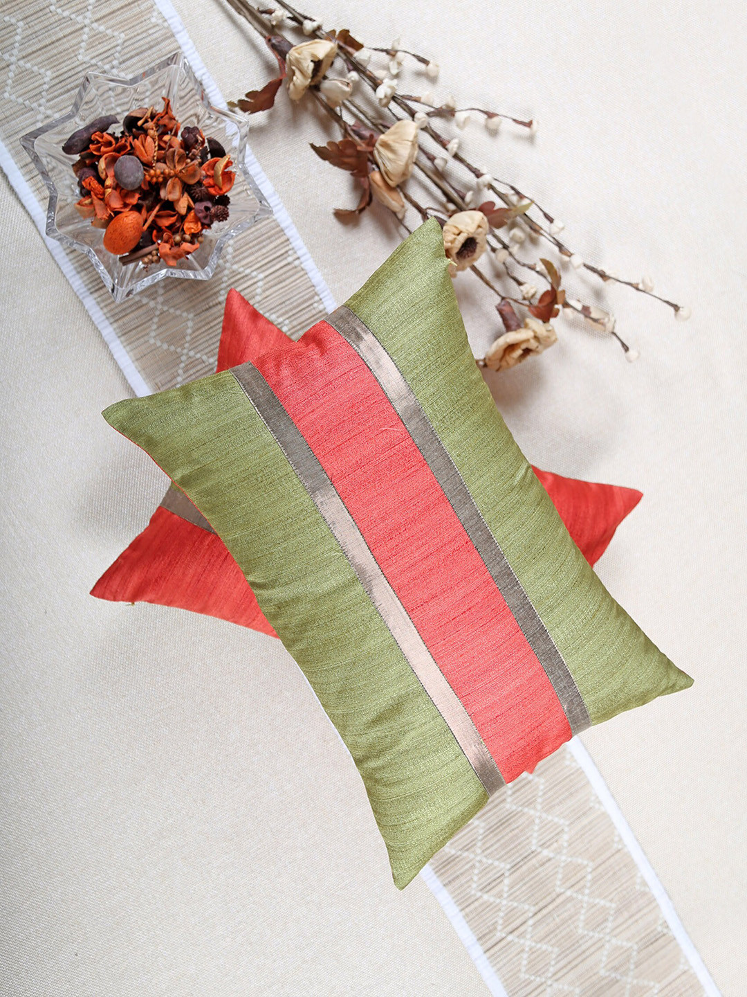 ANS Green Colourblocked Brocade Washable 2 Pcs Textured Cushion Covers - 12 x 18 Inches