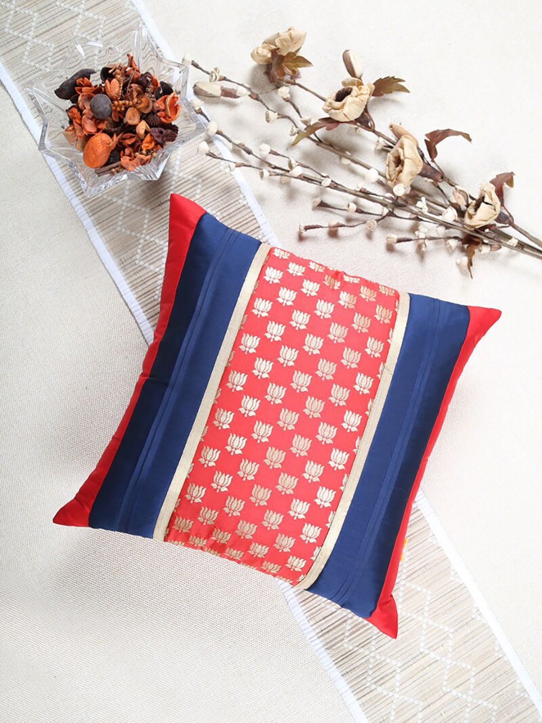 ANS Lotus Red Floral Brocade Durable Square Cushion Cover -16x16In