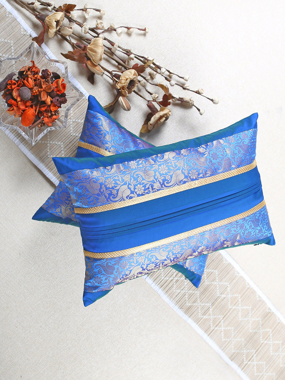 ANS Foliage Brocade Ethnic Motifs Brocade 2 Pcs Embellished Cushion Covers - 12x18In