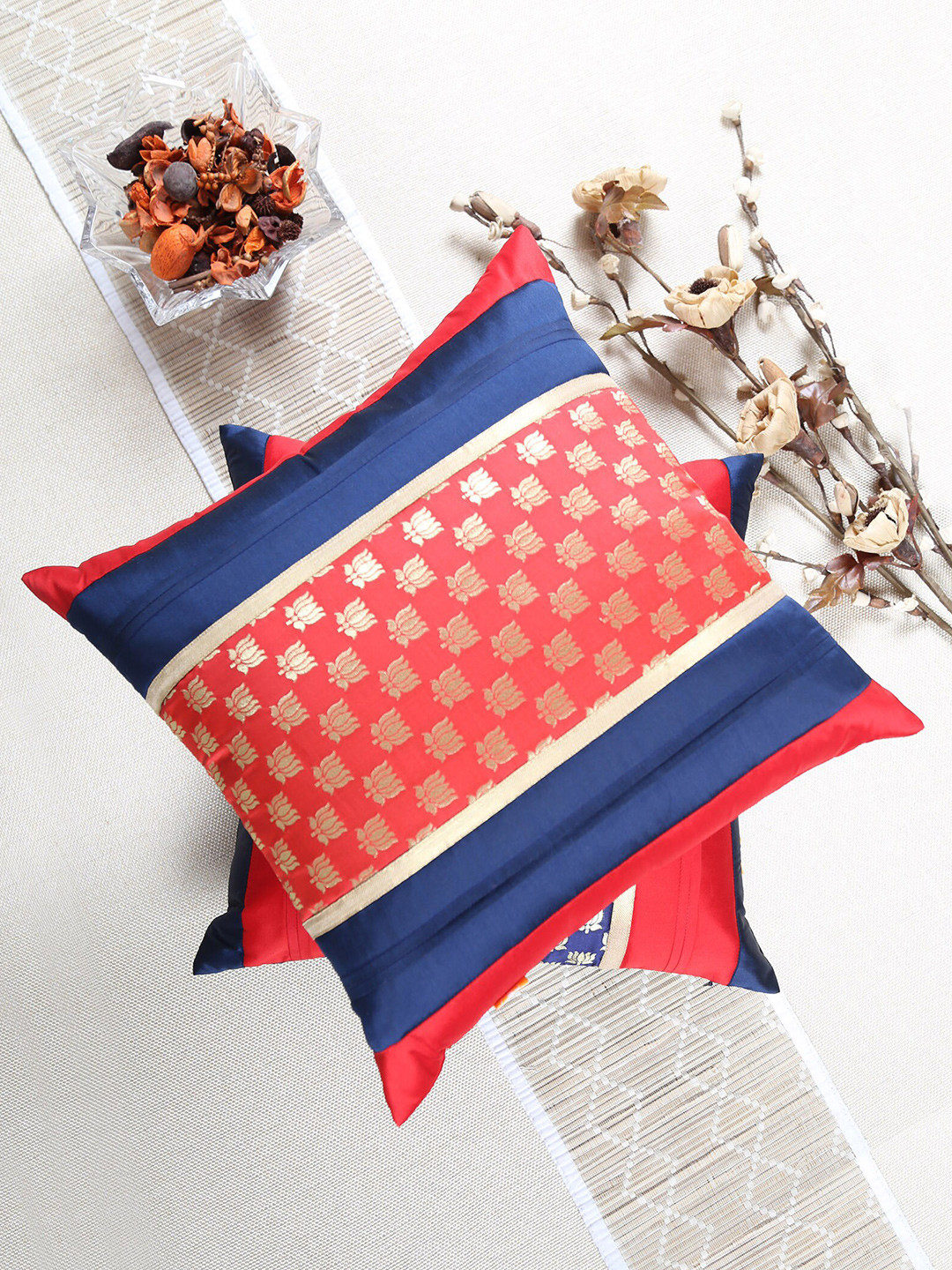 ANS Lotus Floral Brocade Durable 2 Pcs Embellished Square Cushion Covers - 15.7 x 15.7 In