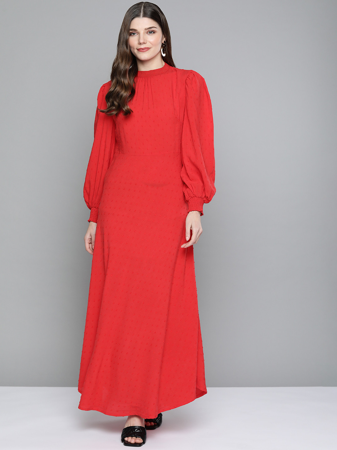 SCOUP Red Dobby Self Design Maxi Dress