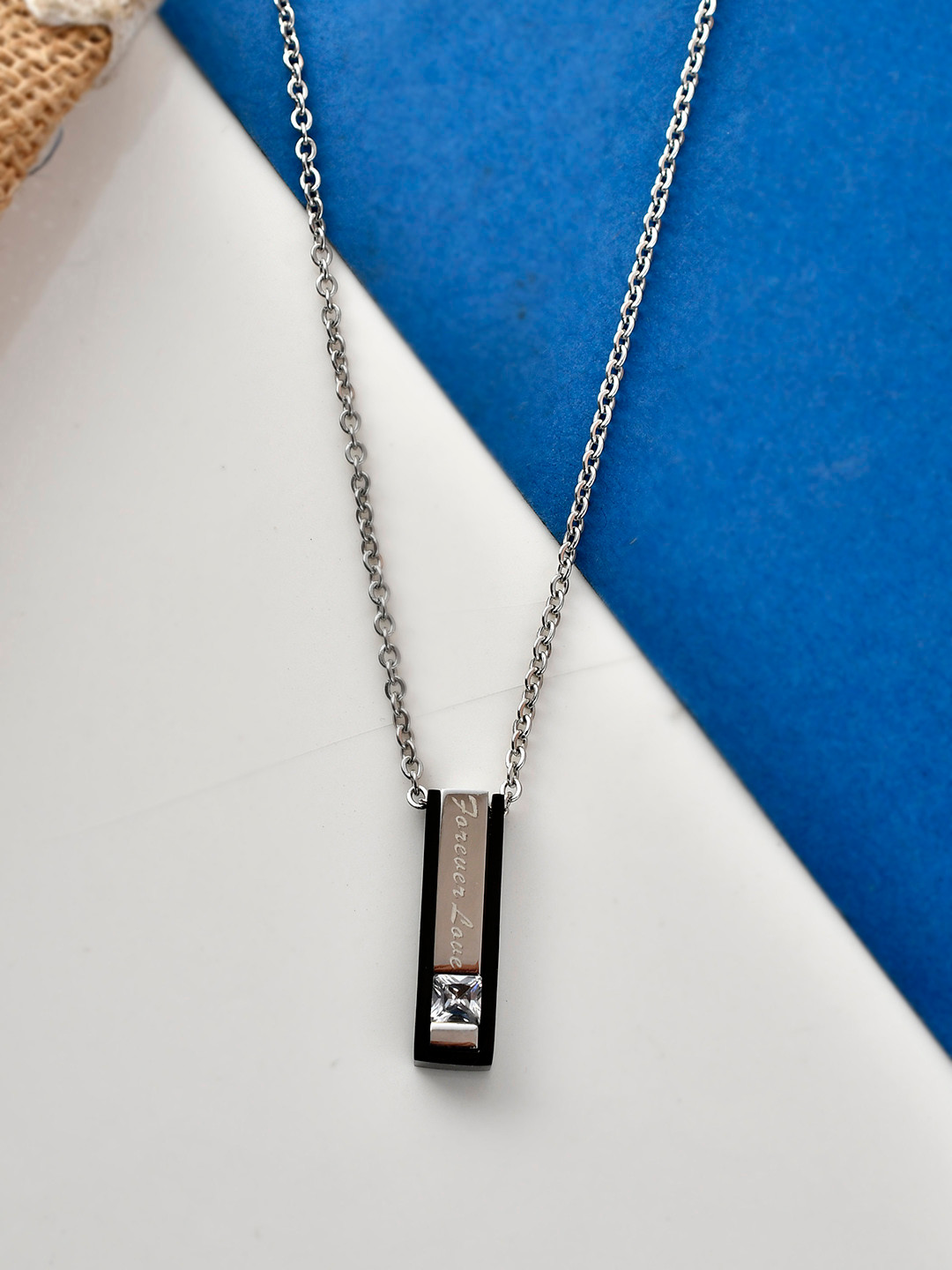 AQUASTREET Silver-Plated White CZ-Studded Stainless Steel Pendant With Chain