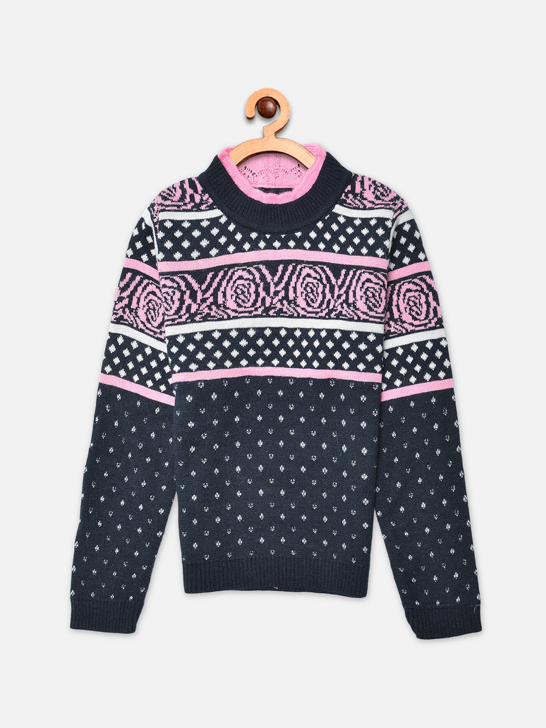 Crimsoune Club Girls Navy Blue & Pink Fair Isle Printed Pullover