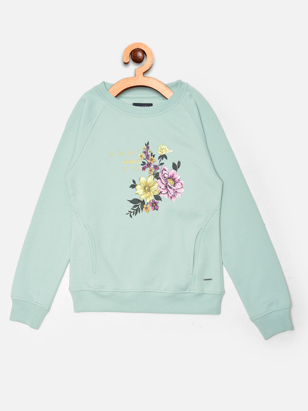 Crimsoune Club Girls Sea Green Printed Sweatshirt