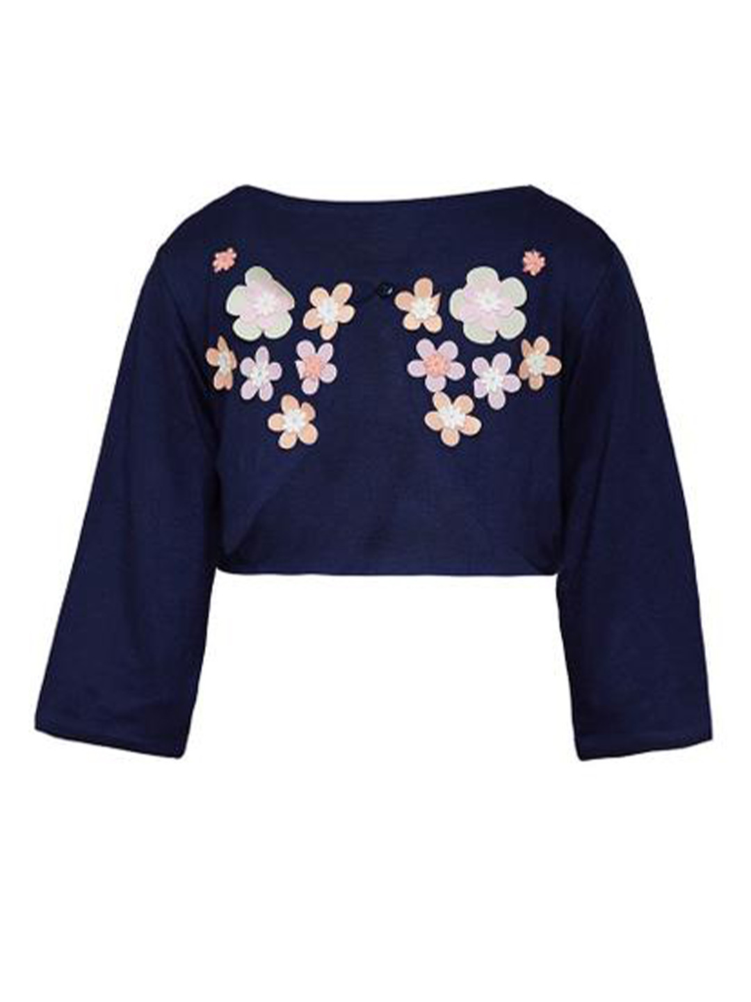 A Little Fable Girls Navy Blue & Pink Printed Crop Button Shrug