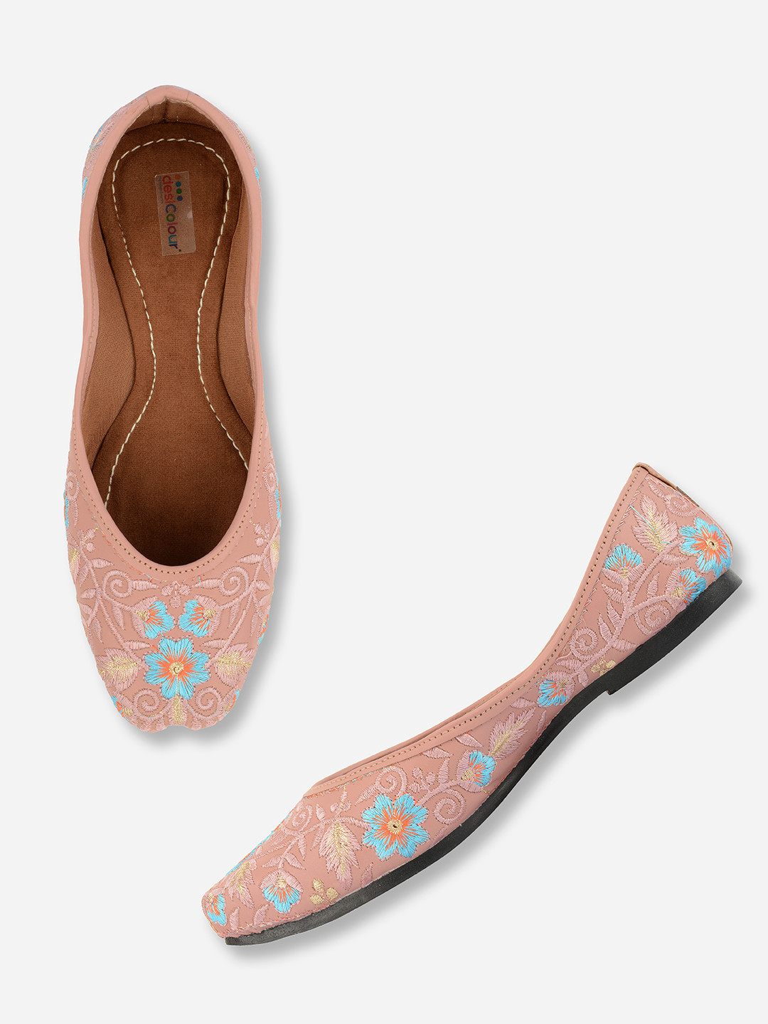 DESI COLOUR Women Peach-Coloured Printed Leather Ethnic Ballerinas Flats