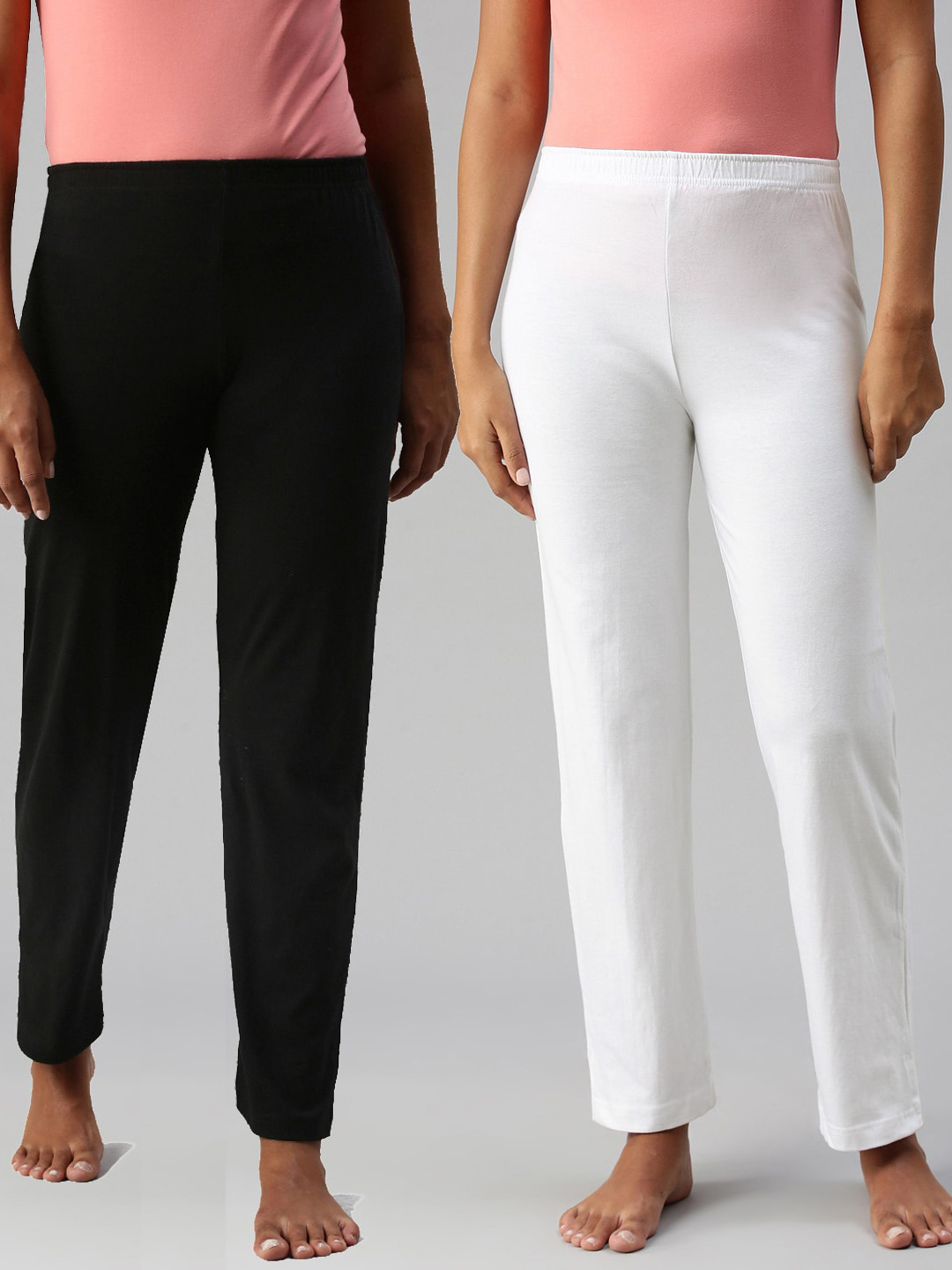 NOT YET by us Women Pack of 2 White & Black Solid Cotton Lounge Pants