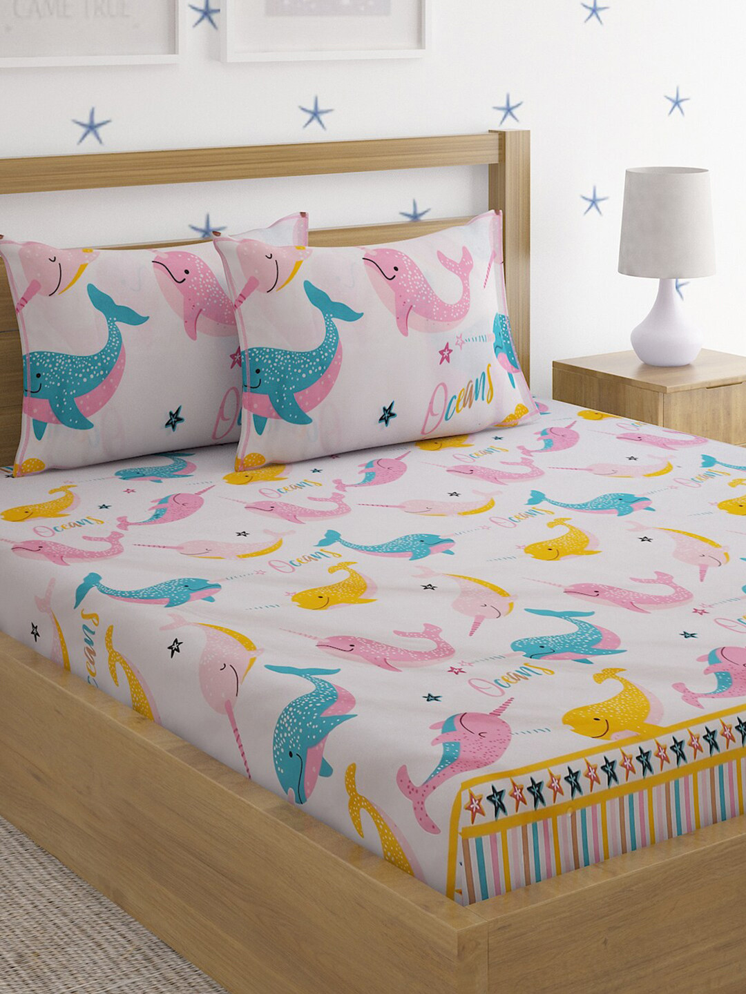 HOSTA HOMES Kids Multicolored 210 TC Queen Bedsheet with 2 Pillow Covers