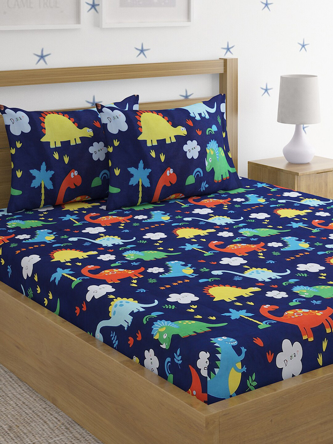 HOSTA HOMES Navy Blue Cartoon Characters Polycotton 210 TC Queen Fine Bedsheet with 2 Pillow Covers-90 x 100 inches