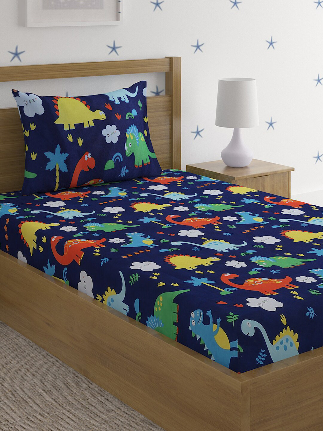 HOSTA HOMES Multicoloured Cartoon Characters Cotton 220 TC Single Fine Bedsheet with a Pillow Cover-60 x 90 inches