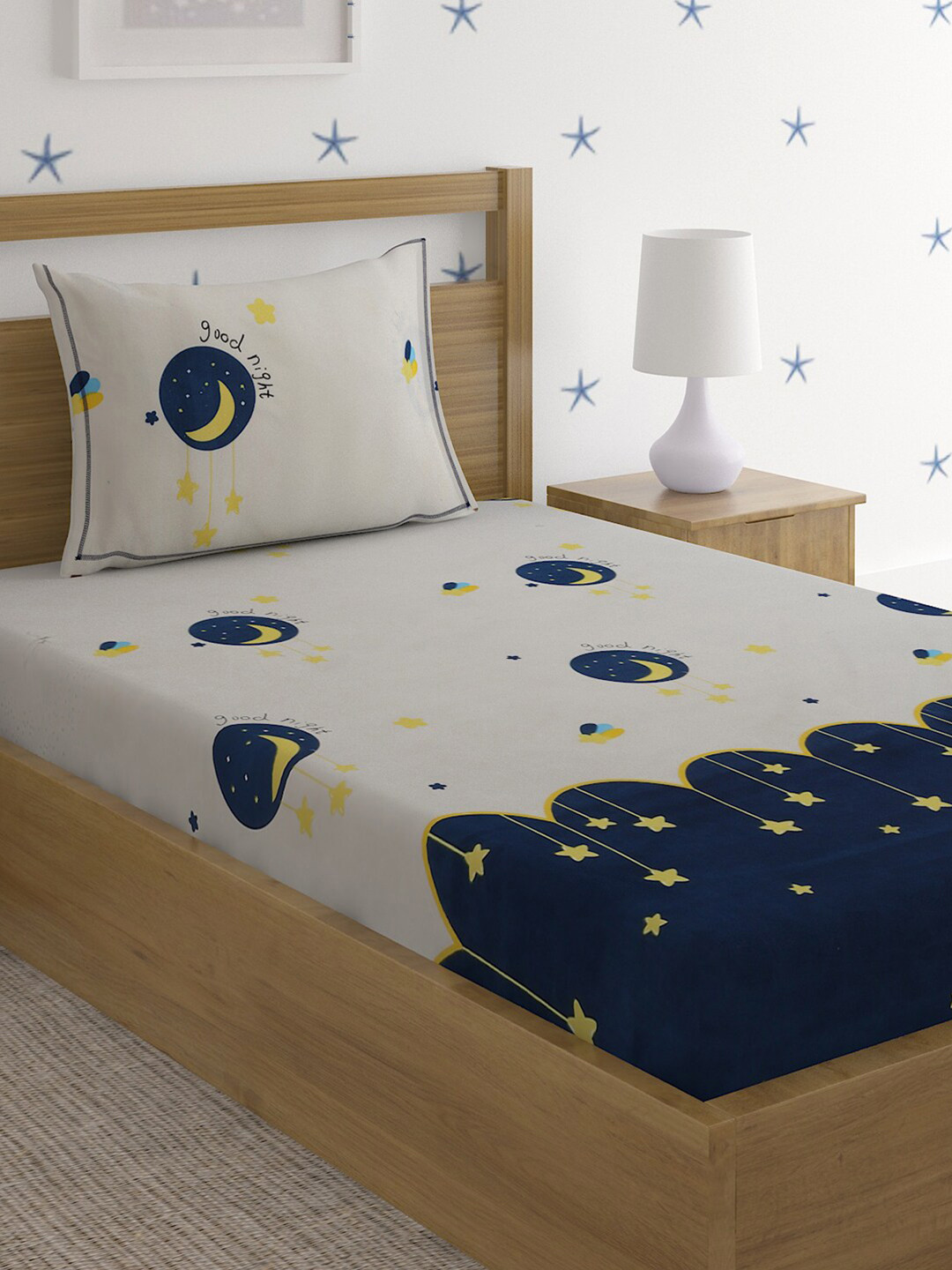 HOSTA HOMES Heavy Glace Off White Graphic Polycotton 210 TC Single Fine Bedsheet with a Pillow Cover-90 x 60 inches