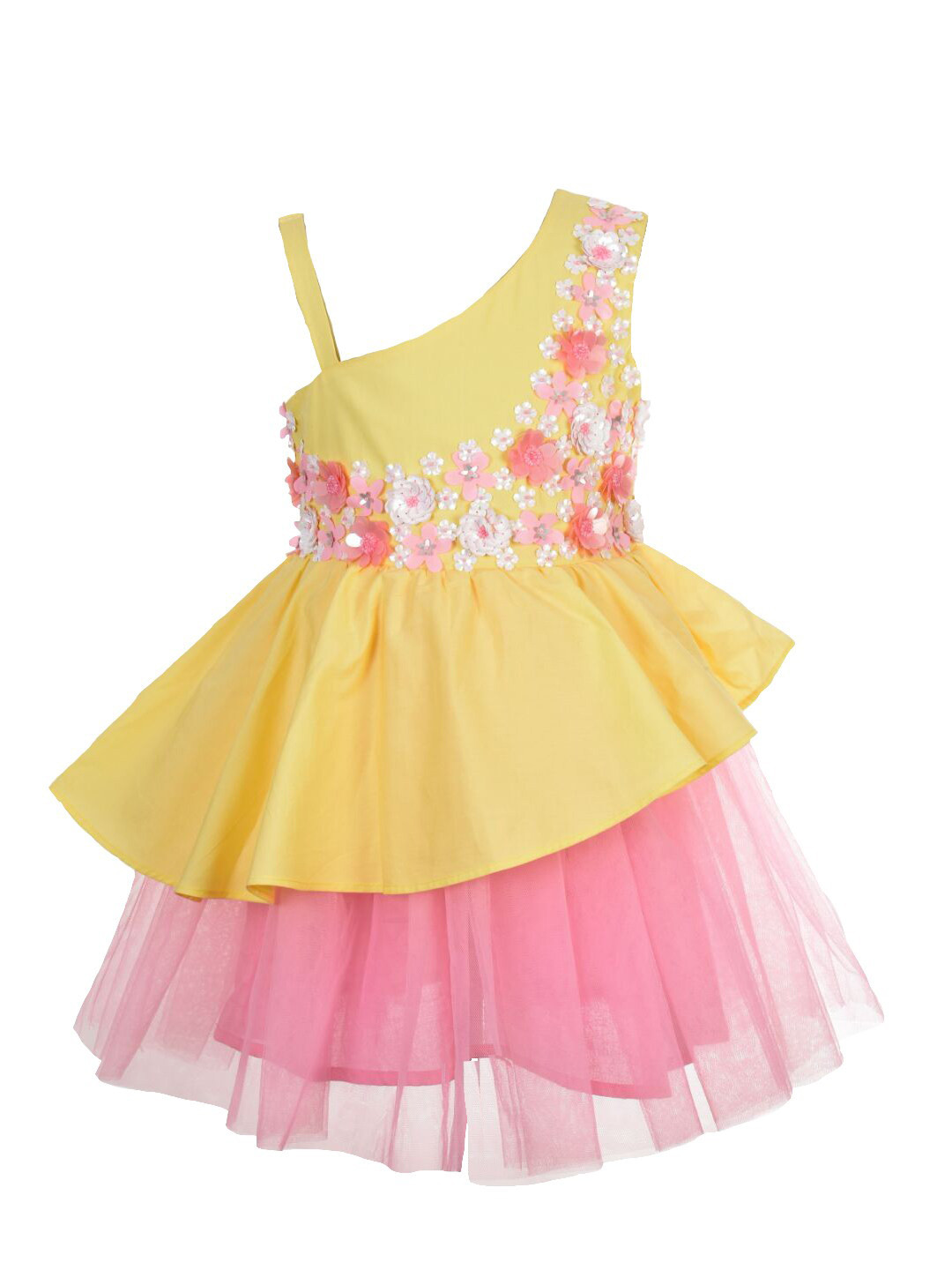A Little Fable Girls Yellow Floral Net Mini Dress