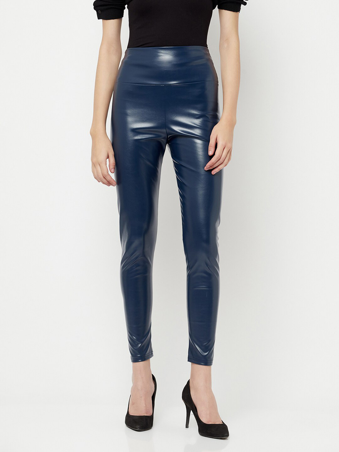 iki chic Blue Faux Leather High-Rise Skinny Fit Jeggings