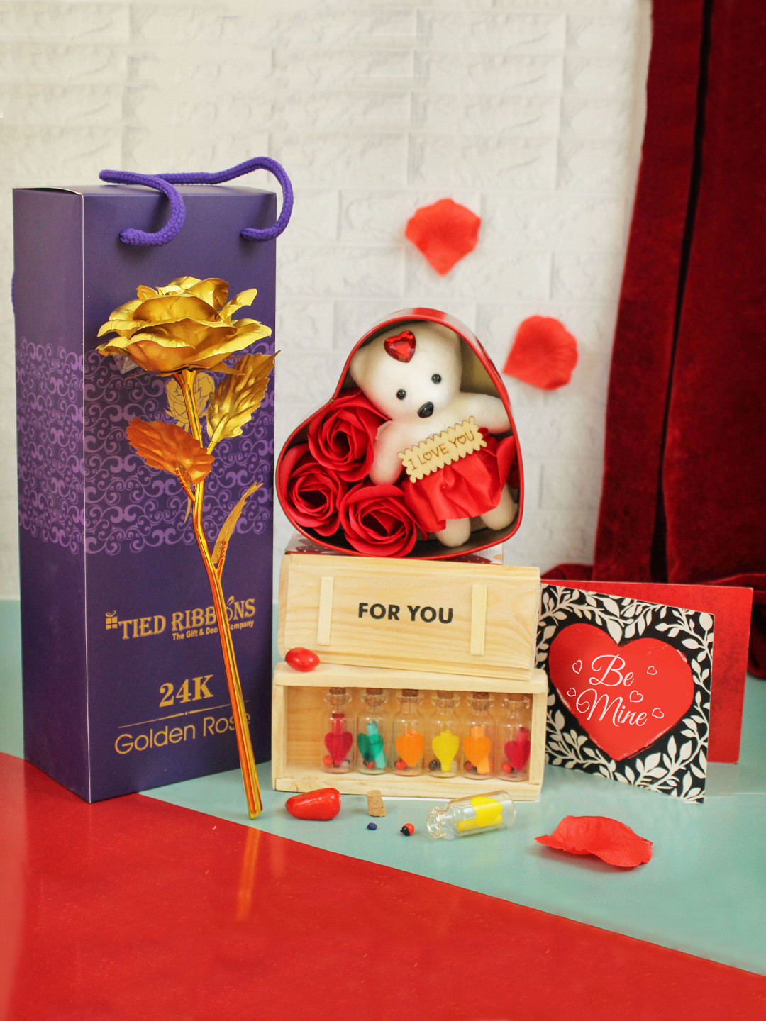 TIED RIBBONS Valentine Golden Rose - Messge Box & Teddy with Roses Combo Gift Set