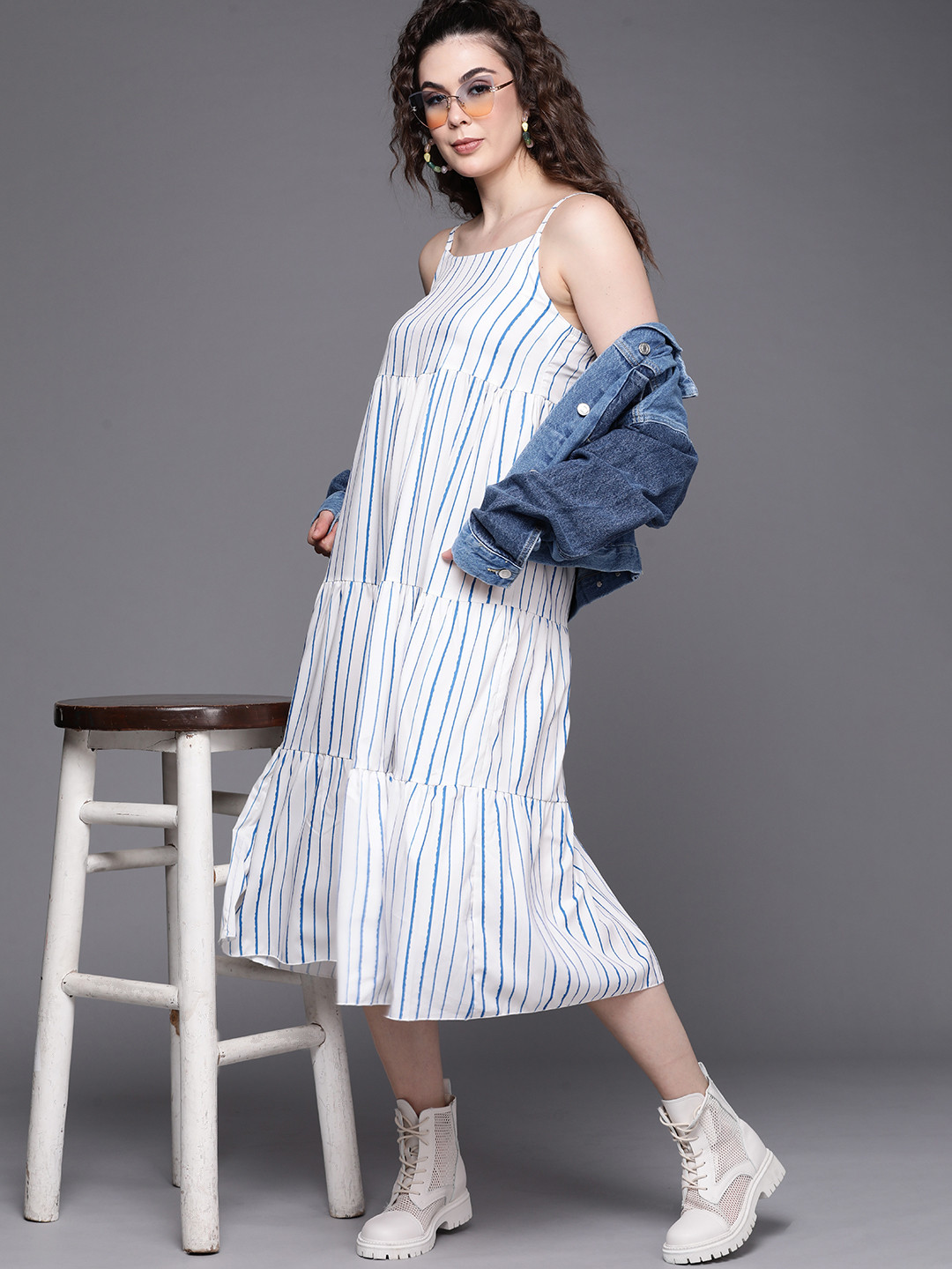 JC Mode White & Blue Striped A-Line Midi Dress