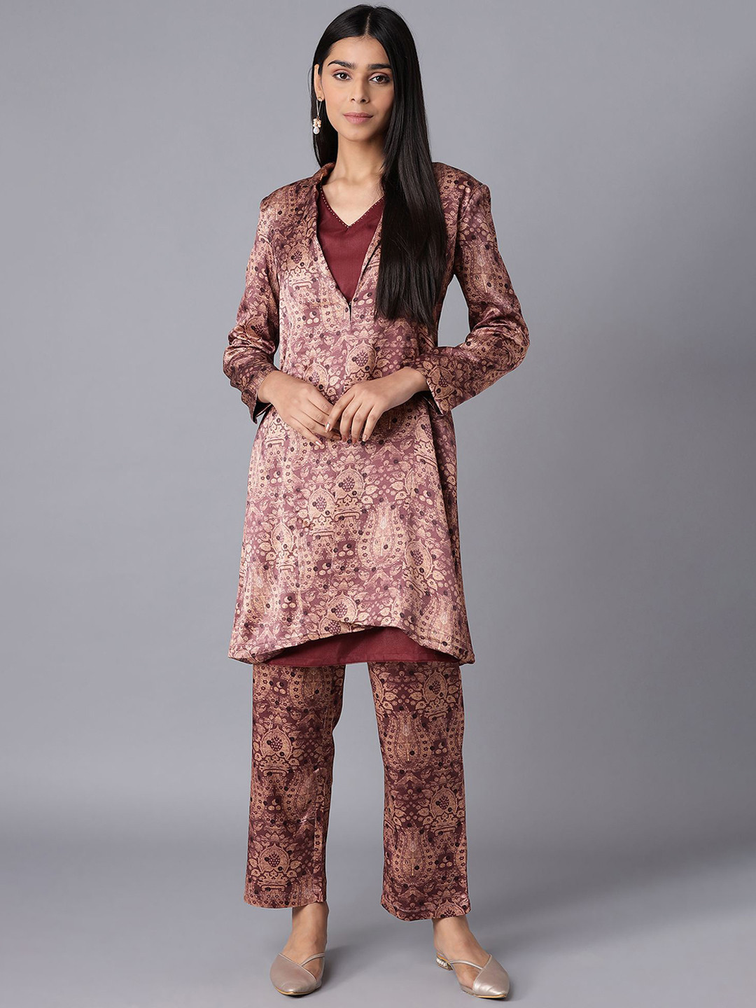 WISHFUL Woman Brown Paisley Printed Kurti with Trousers