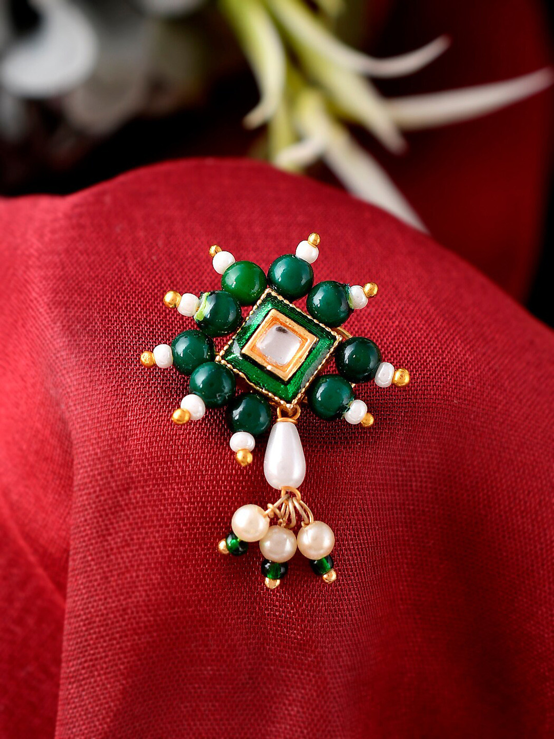 Silvermerc Designs Gold-Plated Green Meenakari Stone Studded NosePin