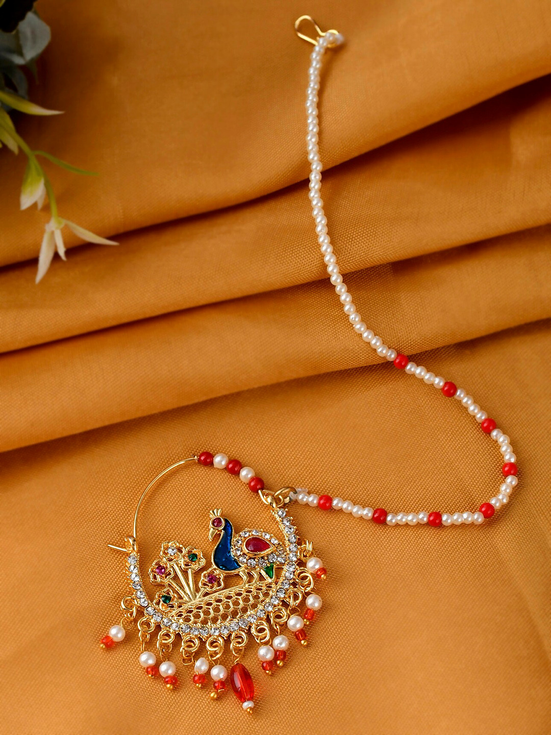 Silvermerc Designs Gold-Plated & White Studded & Beaded Mayur Nose Ring