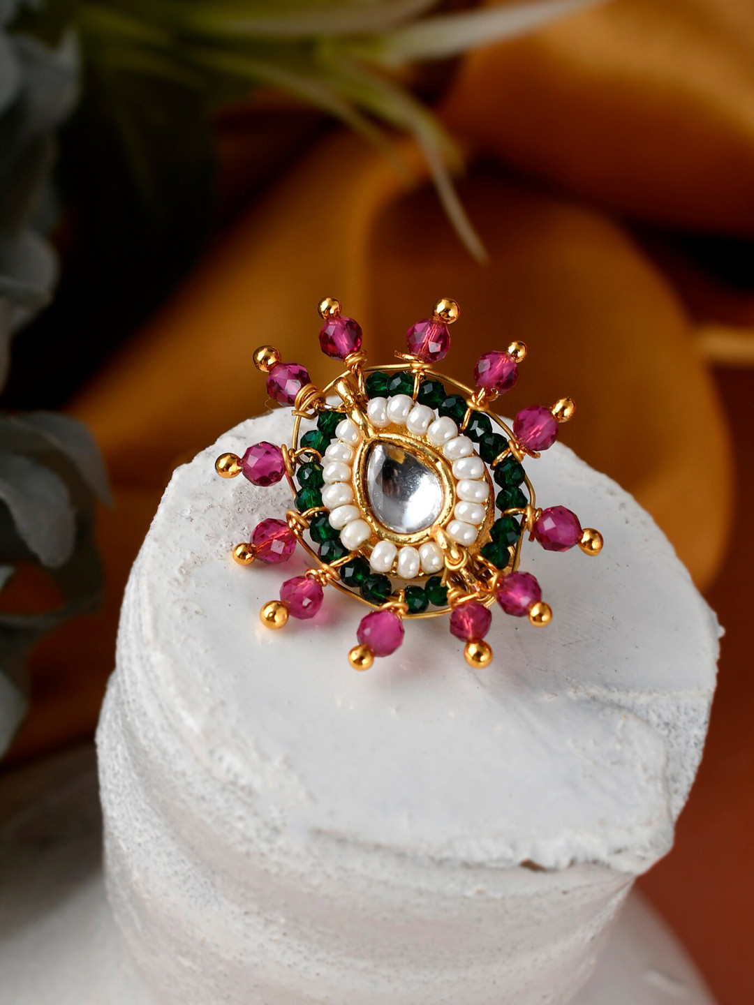 Silvermerc Designs Woman Gold-Plated White & Pink Stone-Studded & Beaded Nose Stud