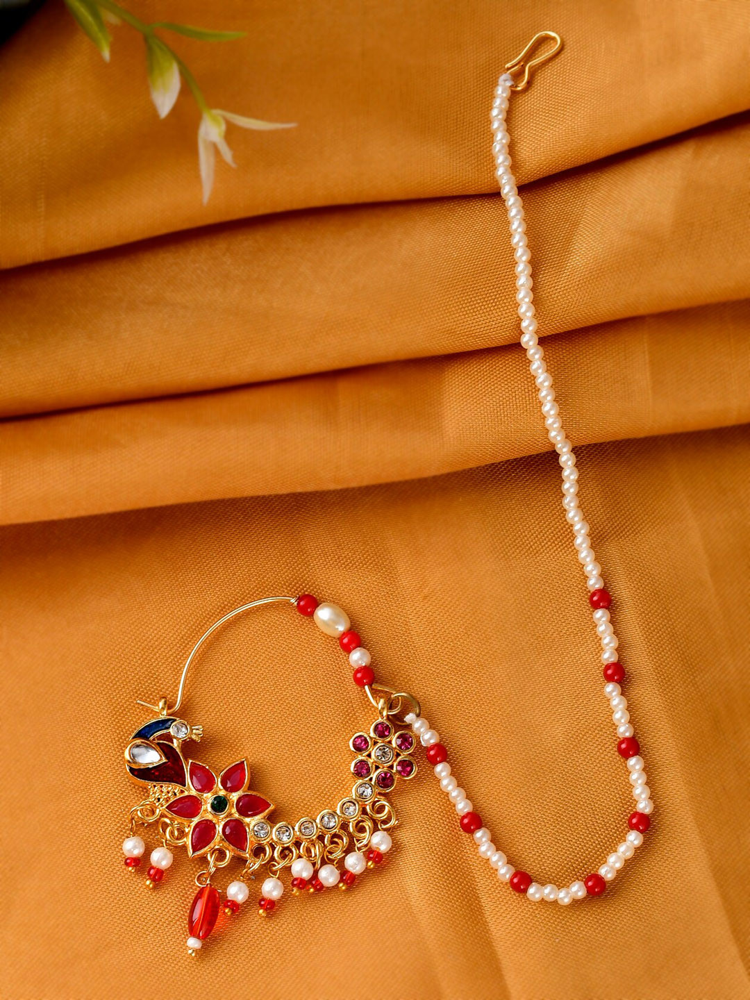 Silvermerc Designs Gold-Plated White & Pink Stone-Studded & Beaded Chained Nose Ring