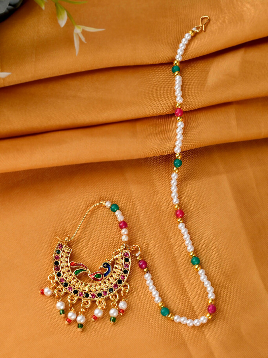 Silvermerc Designs Gold-Plated White & Red Stones-Studded & Beaded Wedding Nose Ring