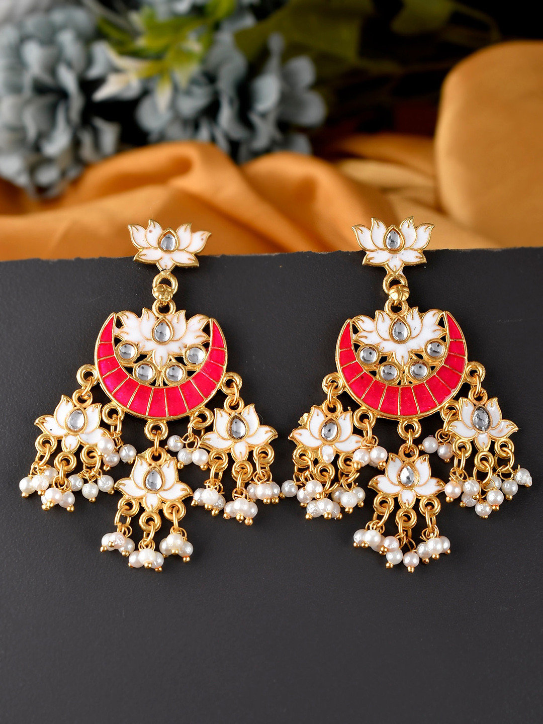 Silvermerc Designs Red Gold-Plated Shaped Chandabali Earrings