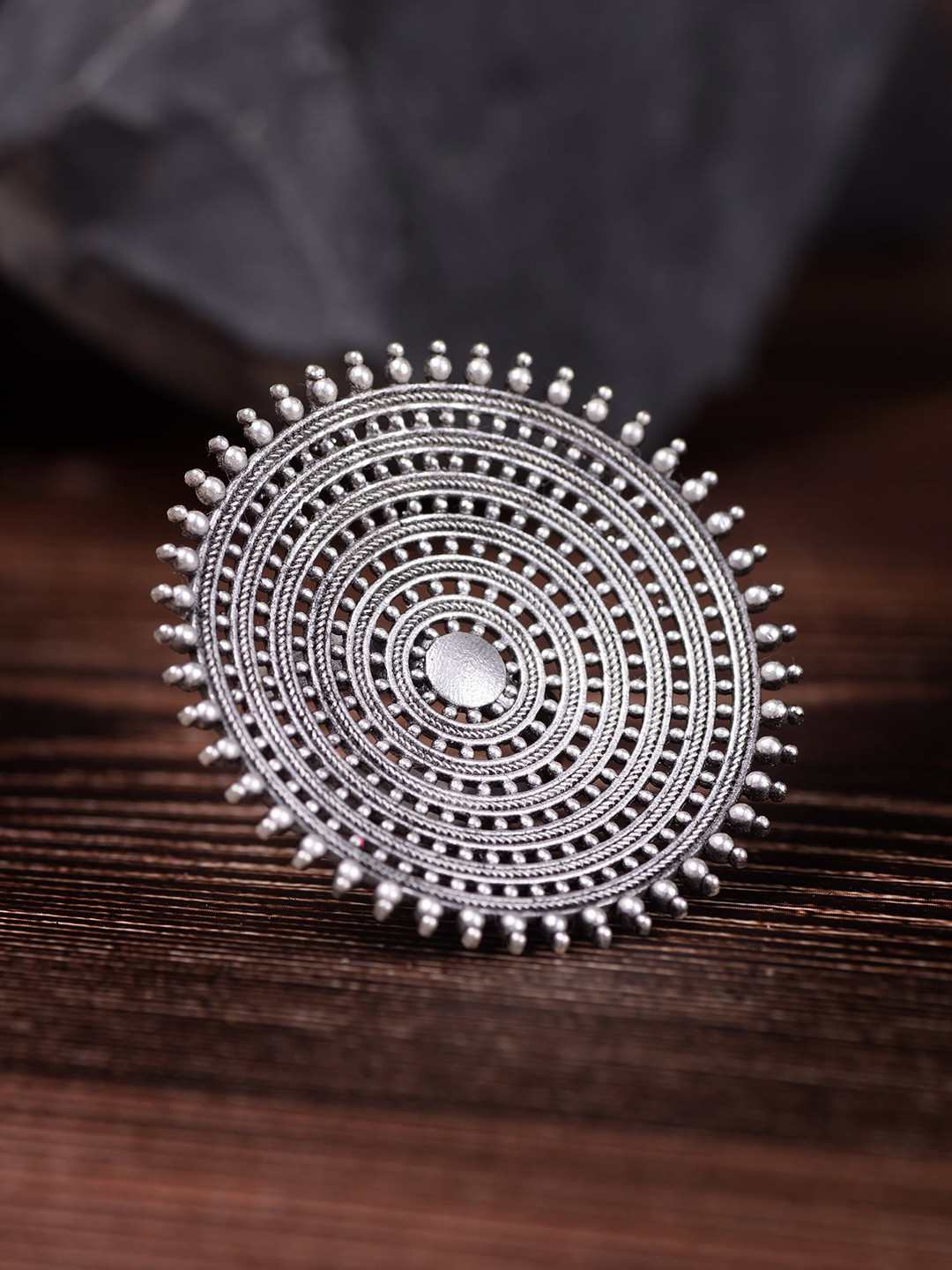 Saraf RS Jewellery Silver-Toned Circular Oxidised Cocktail Adjustable Finger Ring