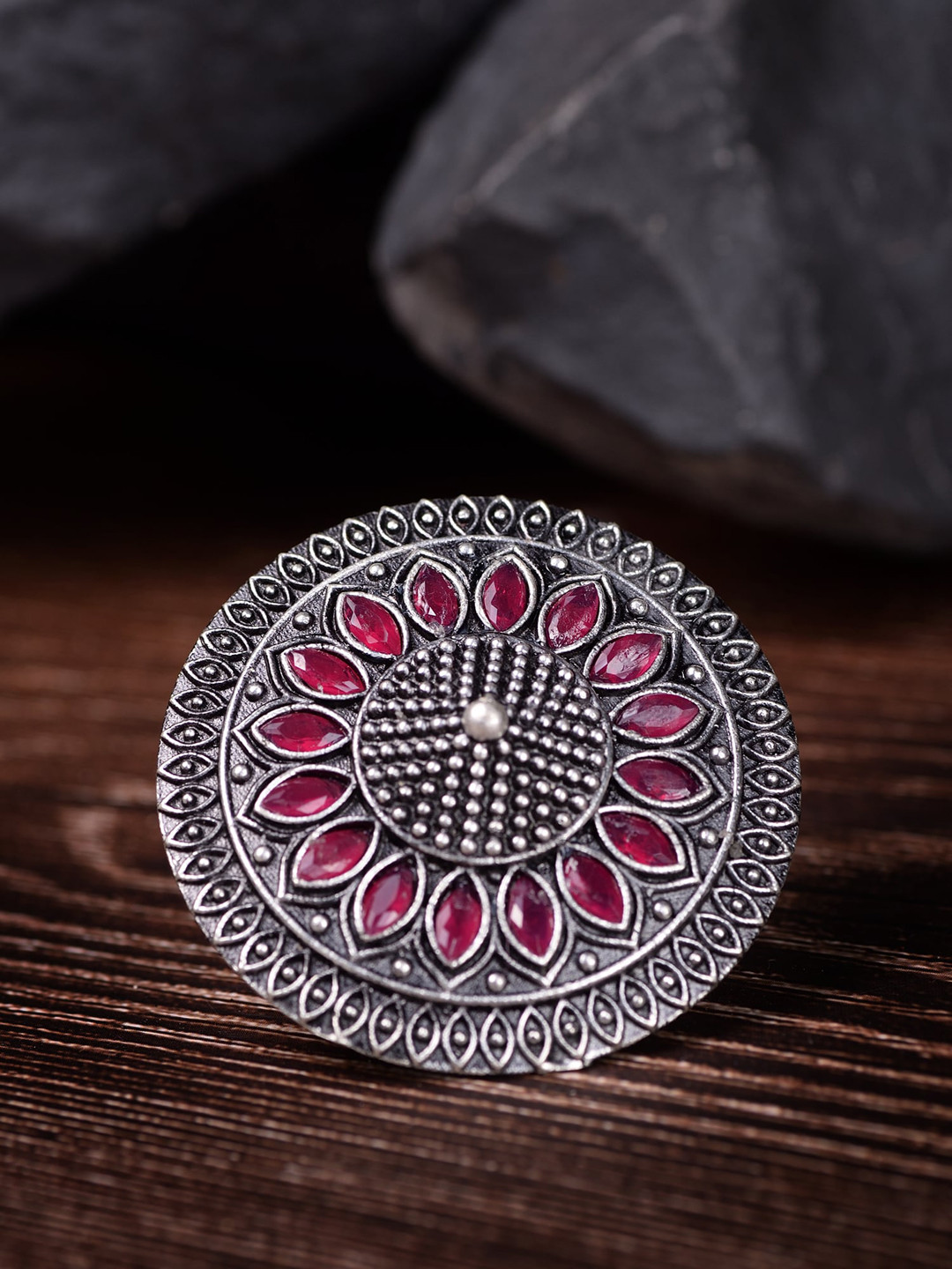 Saraf RS Jewellery Woman Oxidised Silver-Plated Red CZ-Studded Finger Ring