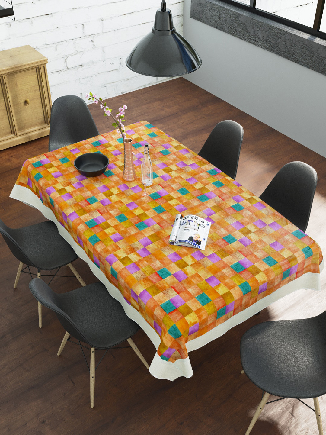 Clasiko Orange & Green Geometric Printed Dining Table Cover
