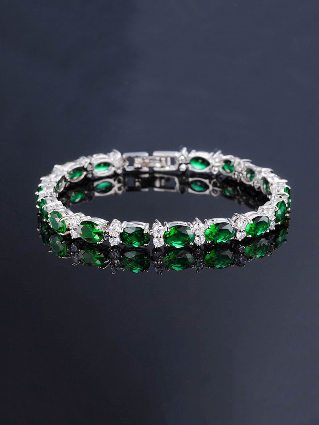 Yellow Chimes Green & Silver-Toned Crystal Studded Link Bracelet