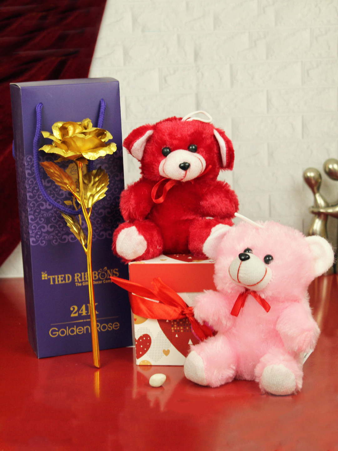 TIED RIBBONS Red Valentine Special Golden Rose & Small Teddy with Box Combo Gift Pack