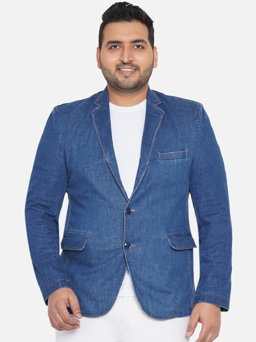 John Pride Men Plus Size Blue Solid Single Breasted Denim Casual Blazer