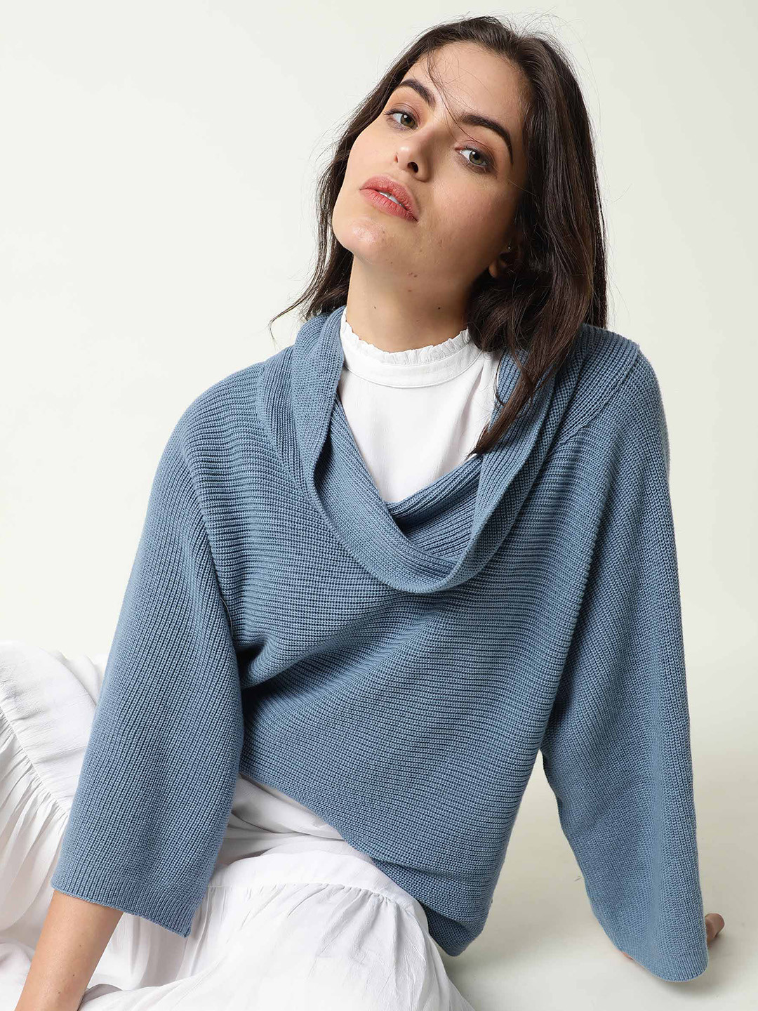RAREISM Women Blue Ribbed Cotton Pullover