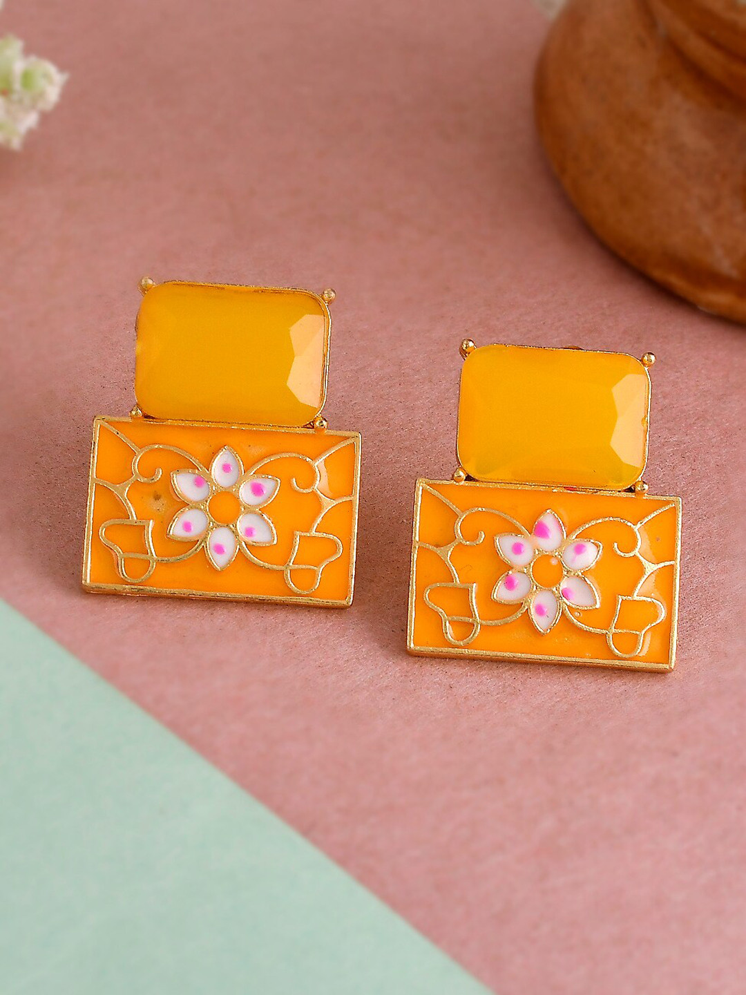 Silvermerc Designs Yellow Square Meenakari Studs Earrings