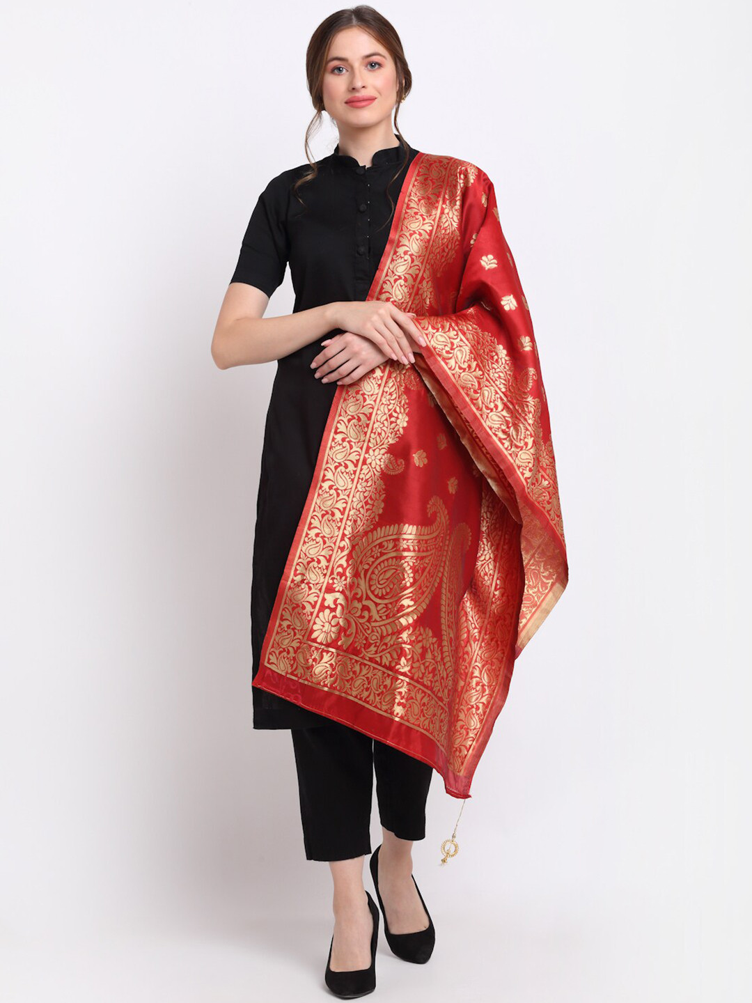 SOUNDARYA Red & Gold-Toned Ethnic Motifs Woven Design Banarasi Silk  Dupatta