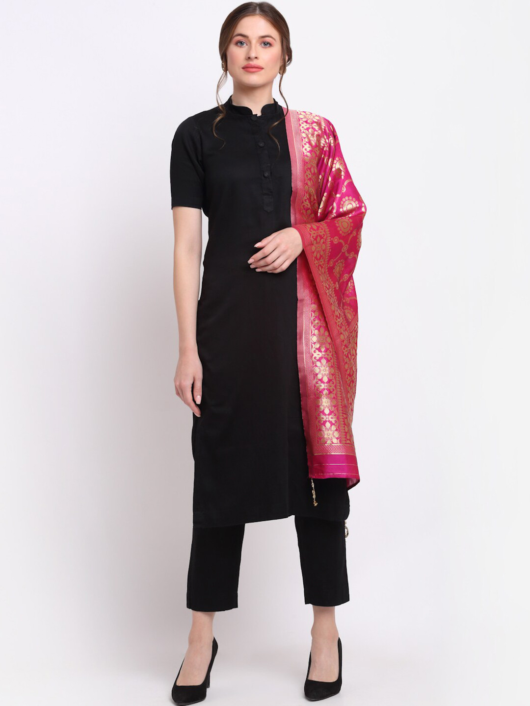 SOUNDARYA Magenta & Gold-Toned Ethnic Motifs Woven Design Banarasi Silk Dupatta