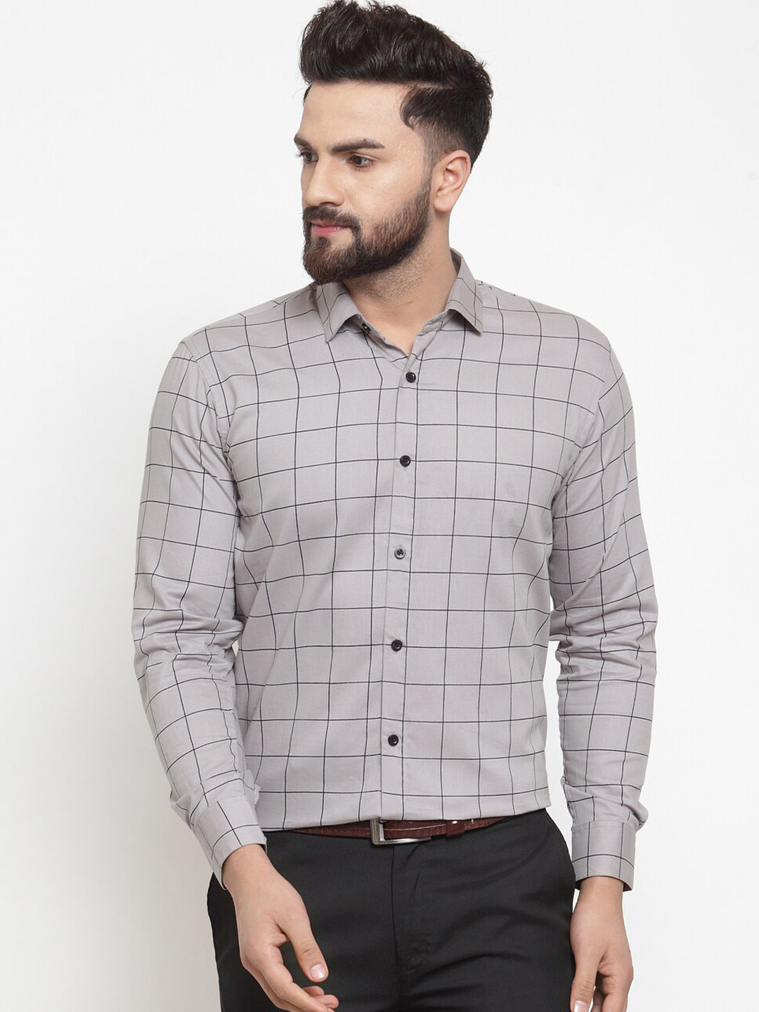 JAINISH Men Grey Comfort Windowpane Checks Checked Cotton Formal Shirt