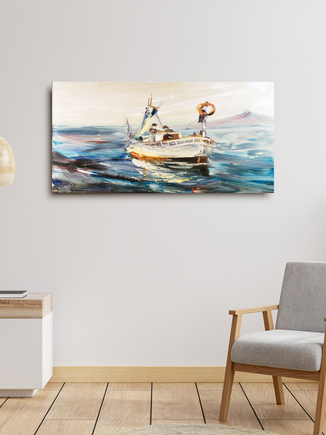 999Store Grey & Blue Fisherman With Boats Framed Wall Arts