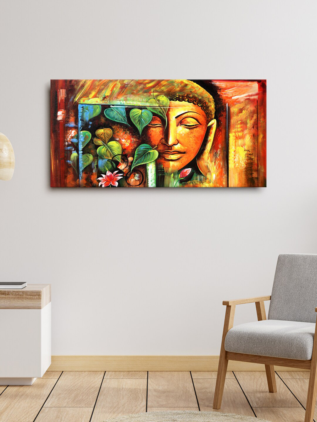 999Store Brown & Orange Wooden Lord Gautam Buddha Painting Framed Wall Art