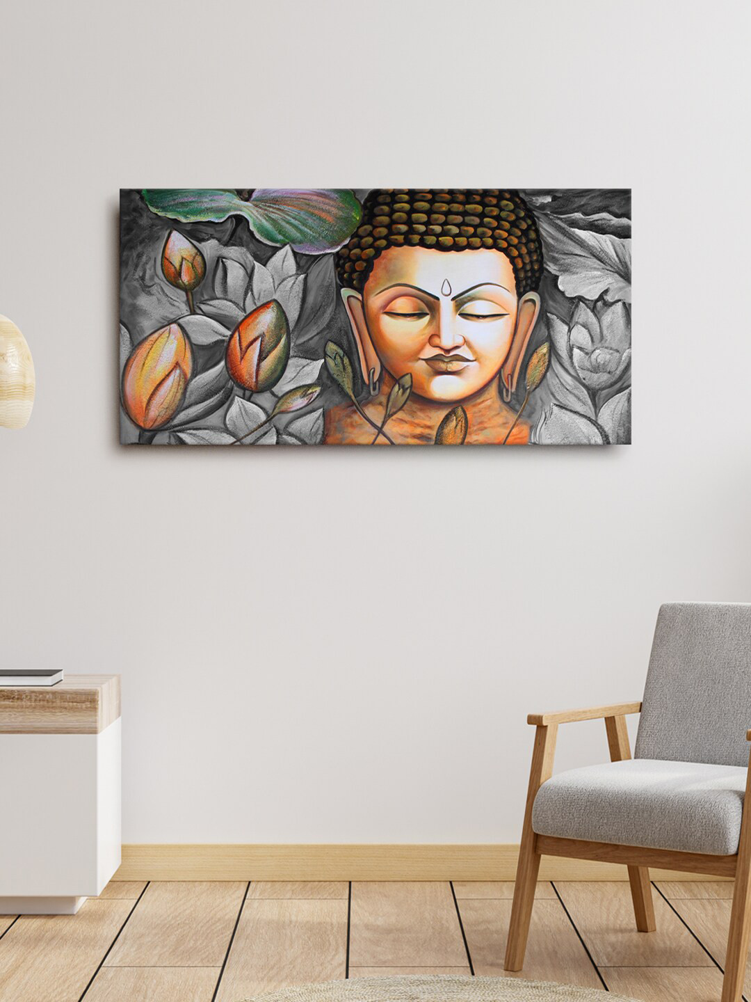 999Store Grey & Orange Lord Gautam Buddha Wall Art