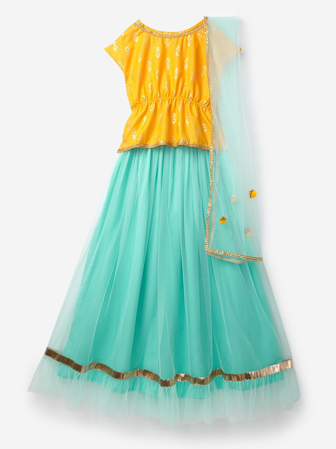 K&U Girls Yellow & Green Printed Ready to Wear Lehenga & Blouse With Dupatta