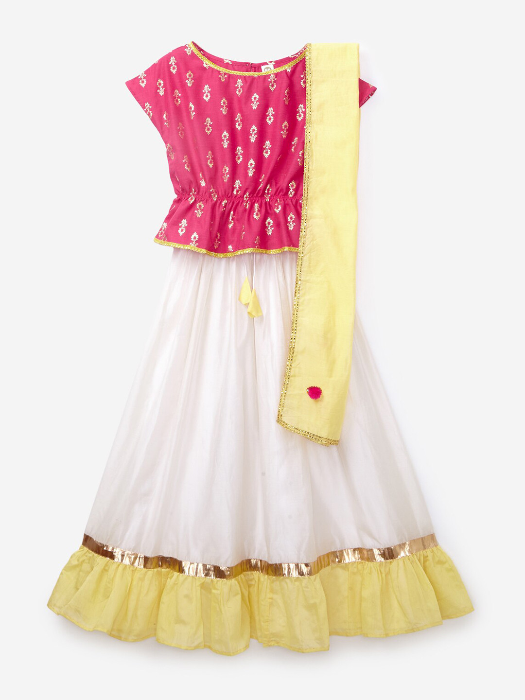 K&U Girls Pink & White Embellished Ready to Wear Lehenga & Blouse With Dupatta