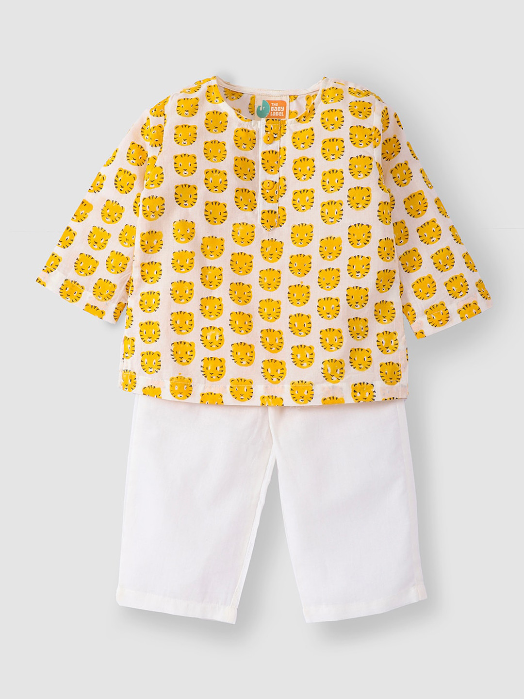 THE BABY LABEL Unisex Orange & White Hand-Block Tiger Print Pure Cotton Kurta with Pyjamas