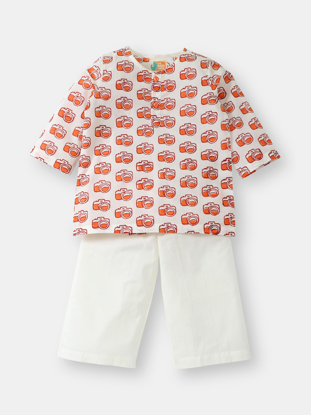 THE BABY LABEL Kids Orange & White Hand-Block Camera Print Kurta Pajama Set