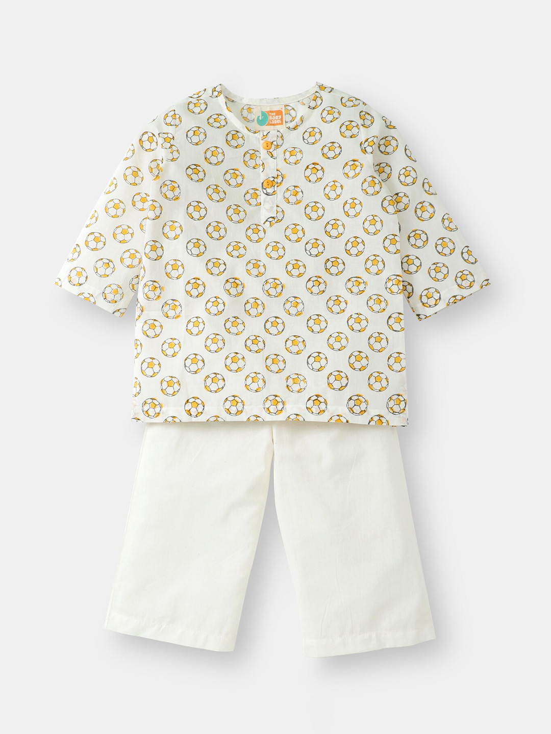 THE BABY LABEL Unisex Kids Yellow Hand-Block Football Print Pure Cotton Kurta with Pyjamas