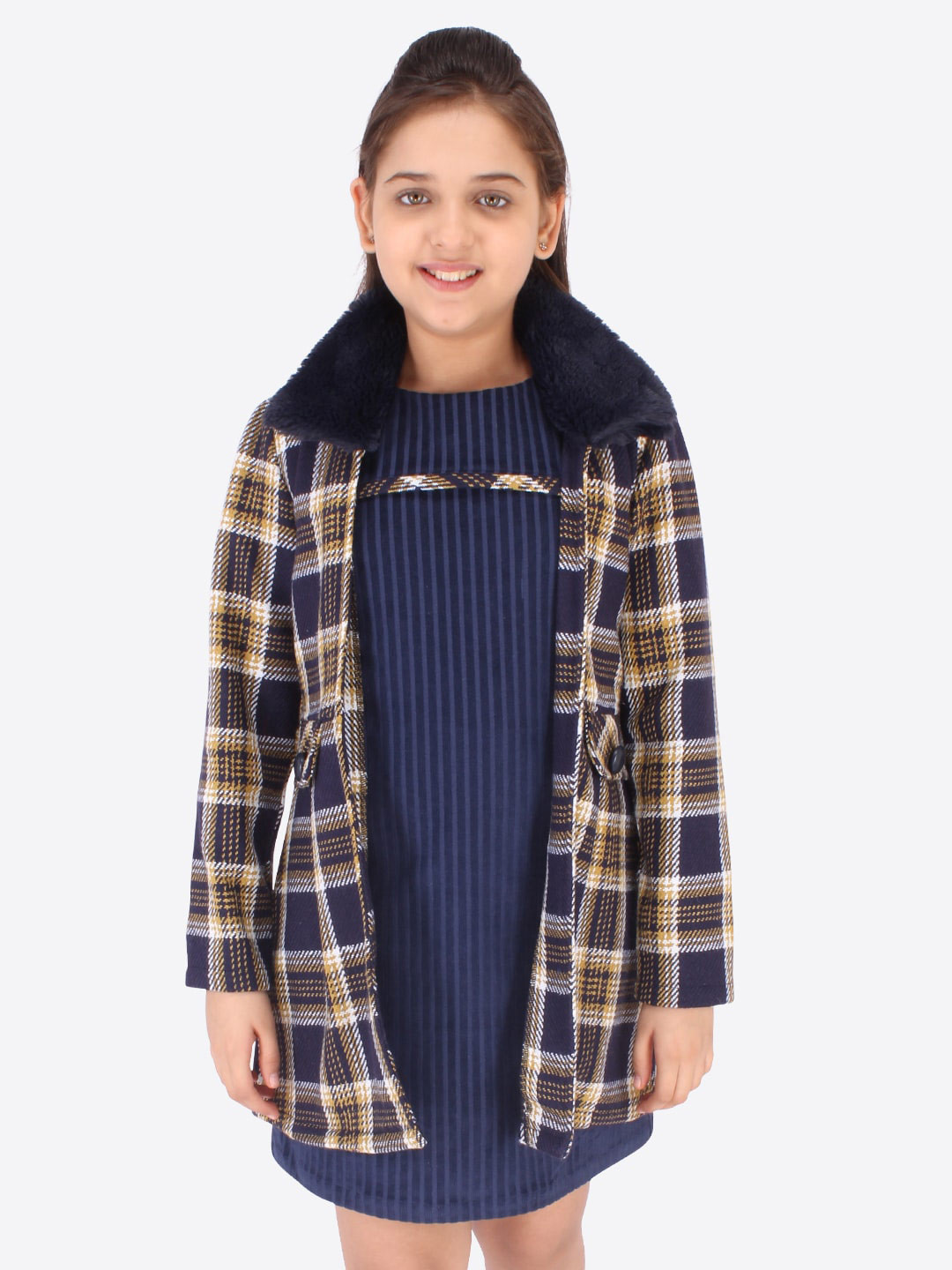 CUTECUMBER Navy Blue Solid Velvet A-Line Dress With Detachable Checked Jacket