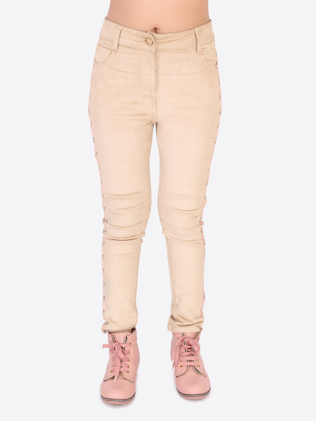 CUTECUMBER Girls Beige Embroidered Trousers
