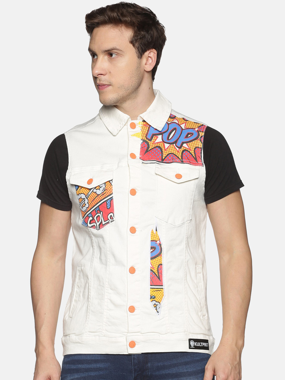 KULTPRIT Men White Floral Denim Jacket